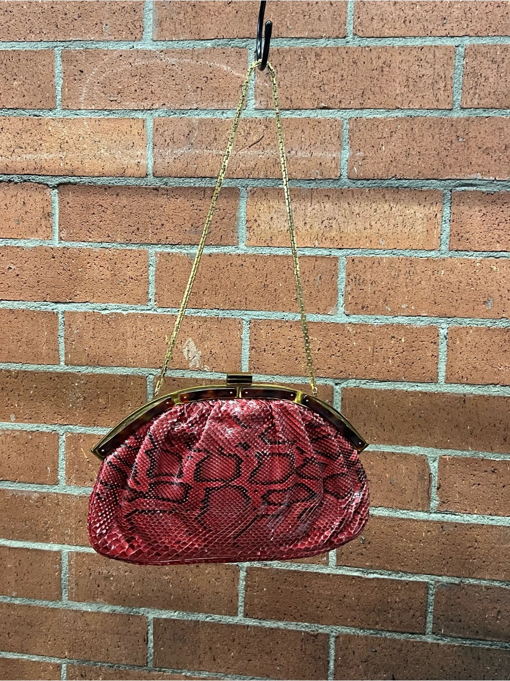 Judith Leiber Vintage Burgundy Snakeskin Gold and Tortoiseshell Accent Purse
